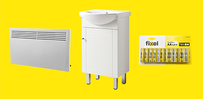 Assortment of Fixel products on a yellow background, including a white vanity cabinet, wall-mounted convector heater and alkaline batteries.