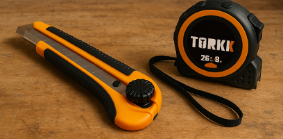 Couteau utilitaire orange et noir et ruban &agrave; mesurer Torkk 26 pi pos&eacute;s sur une surface en bois.