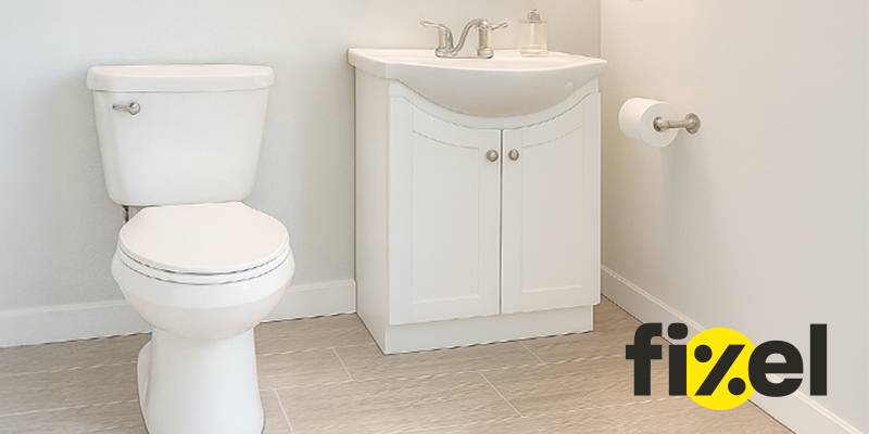 Toilette et meuble-lavabo blanc install&eacute;s dans une petite salle de bain avec plancher en c&eacute;ramique.