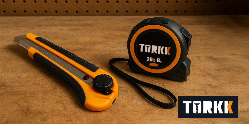 Ruban &agrave; mesurer 8 m et couteau utilitaire Torkk pos&eacute;s sur un &eacute;tabli en bois.