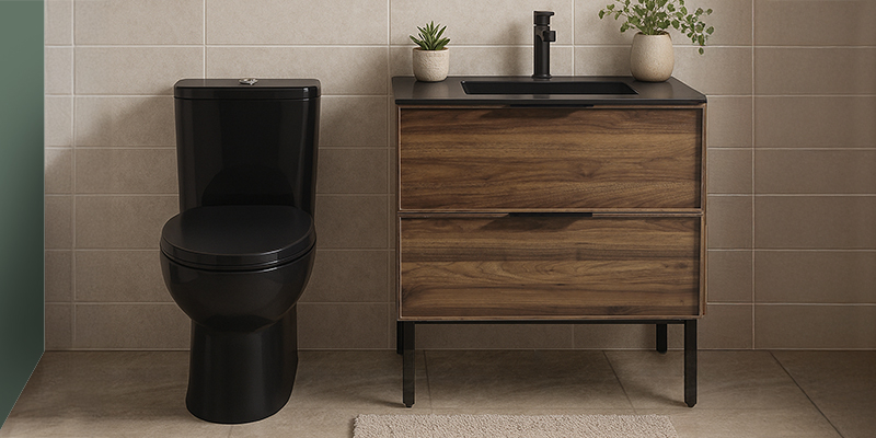 Meuble-lavabo couleur bois et toilette noire dans une salle de bain avec mur de céramique beige.