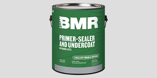 Gallon of BMR paint brand primer against a grey background.