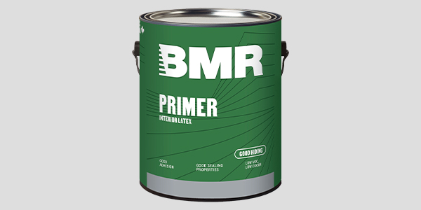 Gallon of BMR paint brand primer against a grey background.