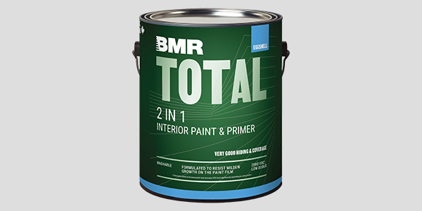 Gallon of BMR Total 2-in-1 paint on a grey background.