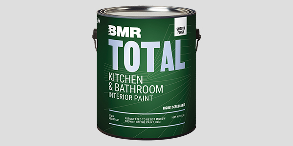 Gallon of BMR Total Kitchen and Bathroom paint on a grey background.