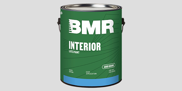 Gallon of BMR interior paint on a grey background.