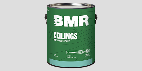 Gallon of BMR ceiling paint against a grey background.