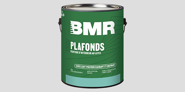 Gallon de peinture BMR pour plafonds devant un fond gris