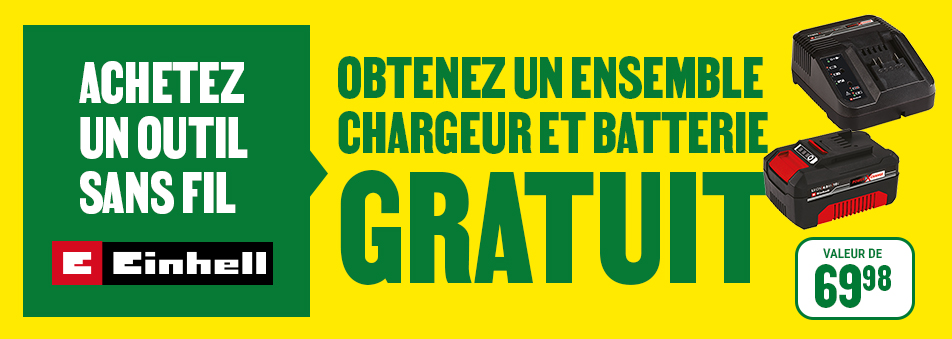 Ensemble chargeur et batterie Einhell gratuit à l'achat d'un outil sans fil Einhell
