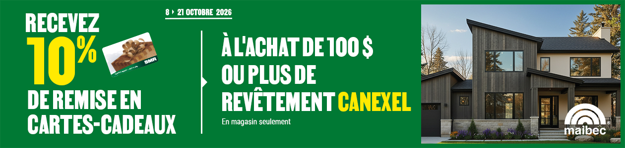Recevez 10% de remise en cartes-cadeaux à l'achat de 100 $ ou plus avant taxes de revêtement CanExel - en magasin seulement