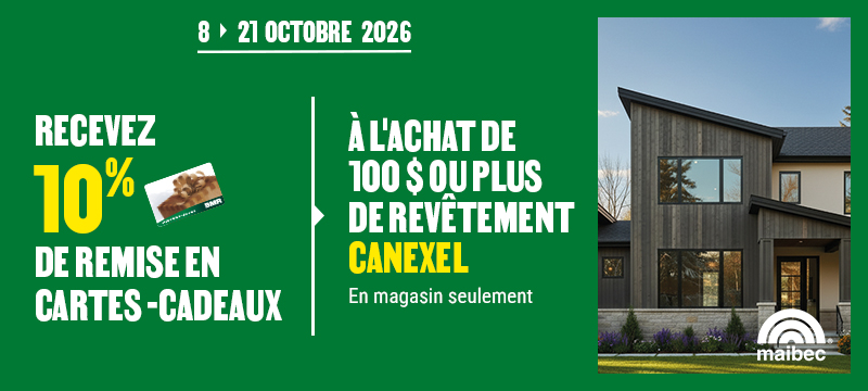 Recevez 10% de remise en cartes-cadeaux à l'achat de 100 $ ou plus avant taxes de revêtement CanExel - en magasin seulement