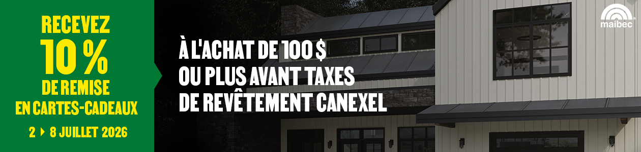Recevez 10% de remise en cartes-cadeaux à l'achat de 100 $ ou plus avant taxes de revêtement CanExel - en magasin seulement