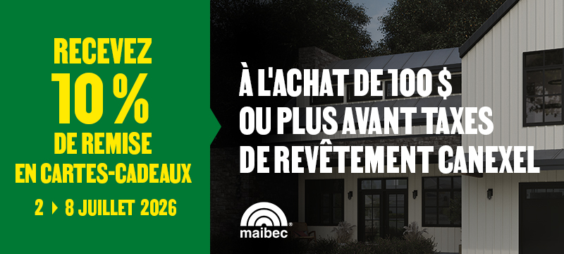 Recevez 10% de remise en cartes-cadeaux à l'achat de 100 $ ou plus avant taxes de revêtement CanExel - en magasin seulement