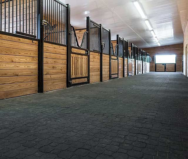 Stable aisle with wooden stall fronts and a ceiling finished with Trusscore panels.